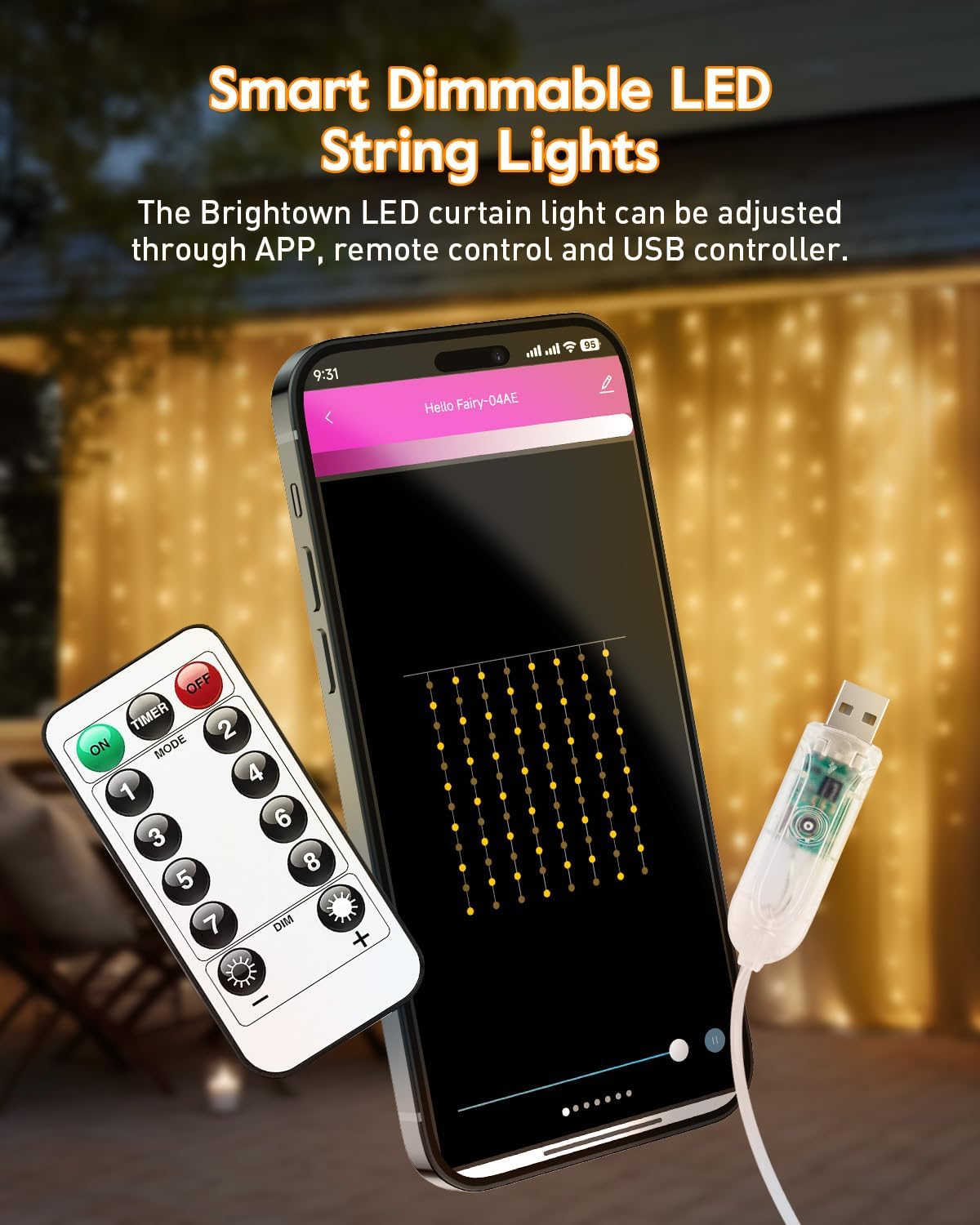 Brightown Smart Curtain Lights - 9.8ft 300 LED Window Smart String Light with APP and Remote, 8 Modes, USB Plug in, Waterproof Fairy Lights for Bedroom, Indoor, Weddings, Party, Christmas Decorations