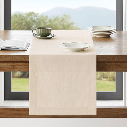 ZeeMart Linen Textured Border Table Runner, 14 x 90 Inch Cream, Farmhouse Style Cream Table Runners 90 Inches Long, Easy Care Everyday Polyester Table Runner