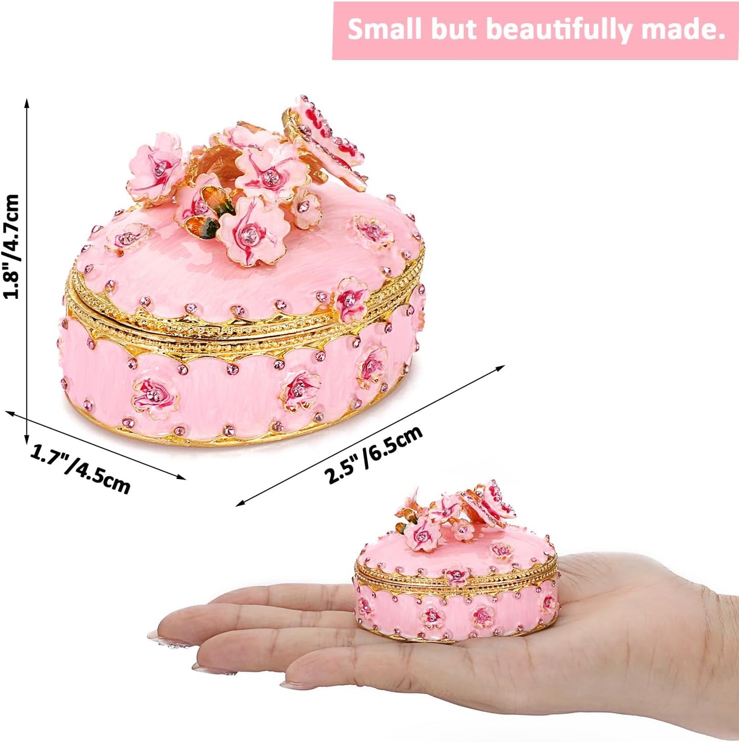 ELLDOO Enamel Flower Butterfly Trinket Box, Mini Vintage Metal Hinged Decorative Box Ring Earrings Jewelry Organizer, Keepsake Home Decor Gift Box for Women Girls, Pink
