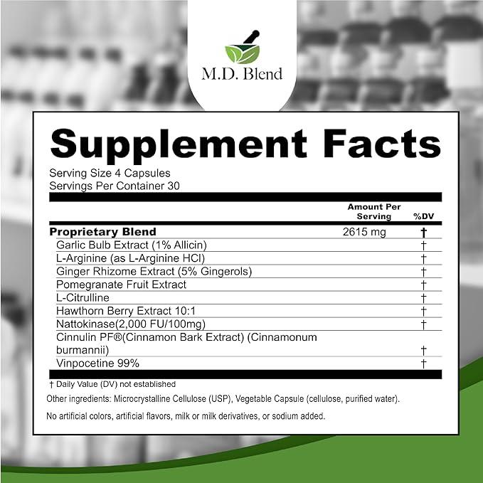 M.D. Vascular - Expert Formulated Supplement - Vascular & Overall Wellness Goals - Proper Flow, Numbers, Balance - Powerful Garlic, Ginger, L-Arginine, Pomegranate - 120 Capsules (Pack of 1)