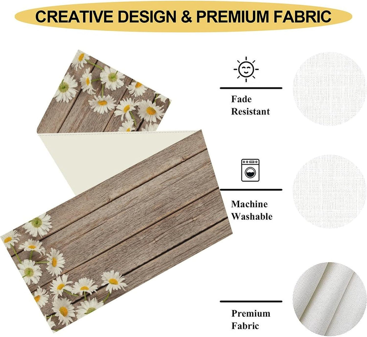 Farmhouse Table Runner, Rustic Wood Plank Spring Daisy Flower Retro Wooden Country Table Center Decor for Home Kitchen Dining Patio Holiday Party Indoor Outdoor Table Decorations, 13"x36" Inch