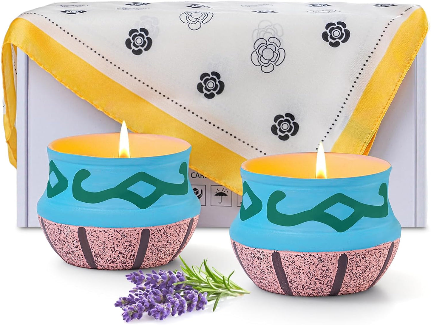 Lavender Candles, Scented Candles Gift Set for Women, Coarse Pottery Container，Natural Soy Wax, Set 2 Pack, Total 16oz, 90 Hours of Burn, One Silk Scarf，Candles for Home Scented