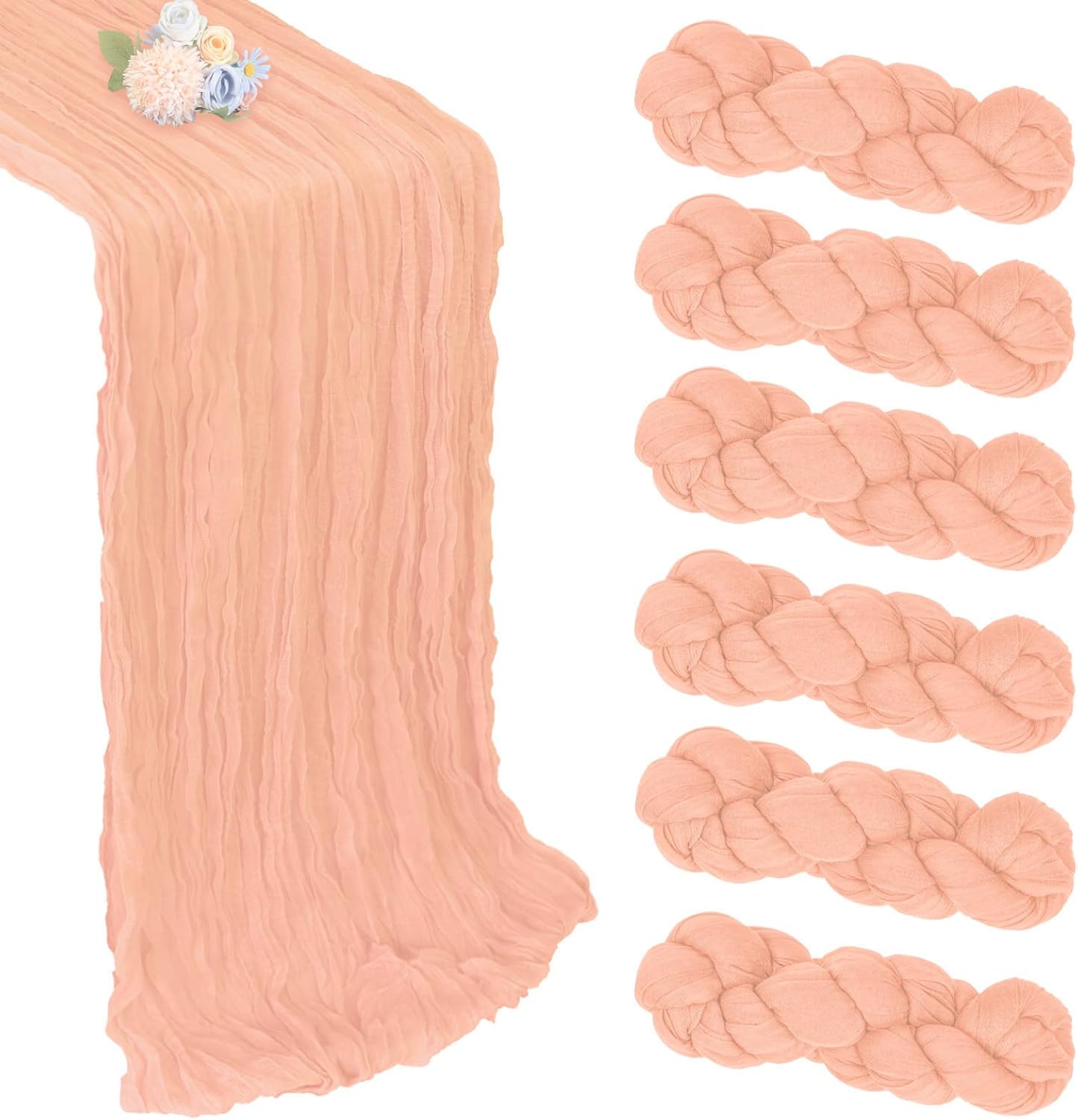 6 Pack Blush Pink Cheesecloth Table Runner 10ft Boho Gauze Fabric Cheese Cloth Table Runner 35 x 120 Inch Rustic Sheer for Romantic Wedding Decor Baby Shower Party Table Centerpiece Decoration