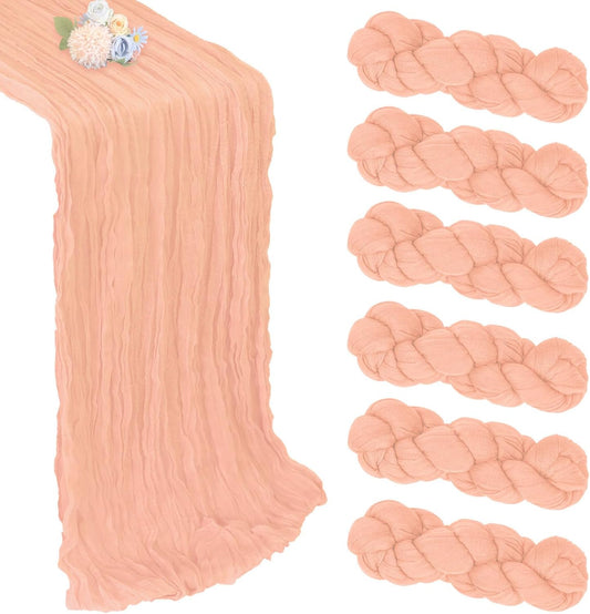 6 Pack Blush Pink Cheesecloth Table Runner 10ft Boho Gauze Fabric Cheese Cloth Table Runner 35 x 120 Inch Rustic Sheer for Romantic Wedding Decor Baby Shower Party Table Centerpiece Decoration