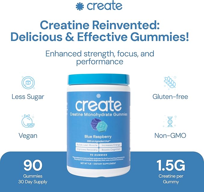 Create Creatine Monohydrate Gummies for Men & Women, Boost Focus, Strength, and Endurance, Anti-Melting Formula, Vegan, Gluten-Free, Non-GMO, 1.5g of Creatine per Gummy (Blue Raspberry, 90 ct)