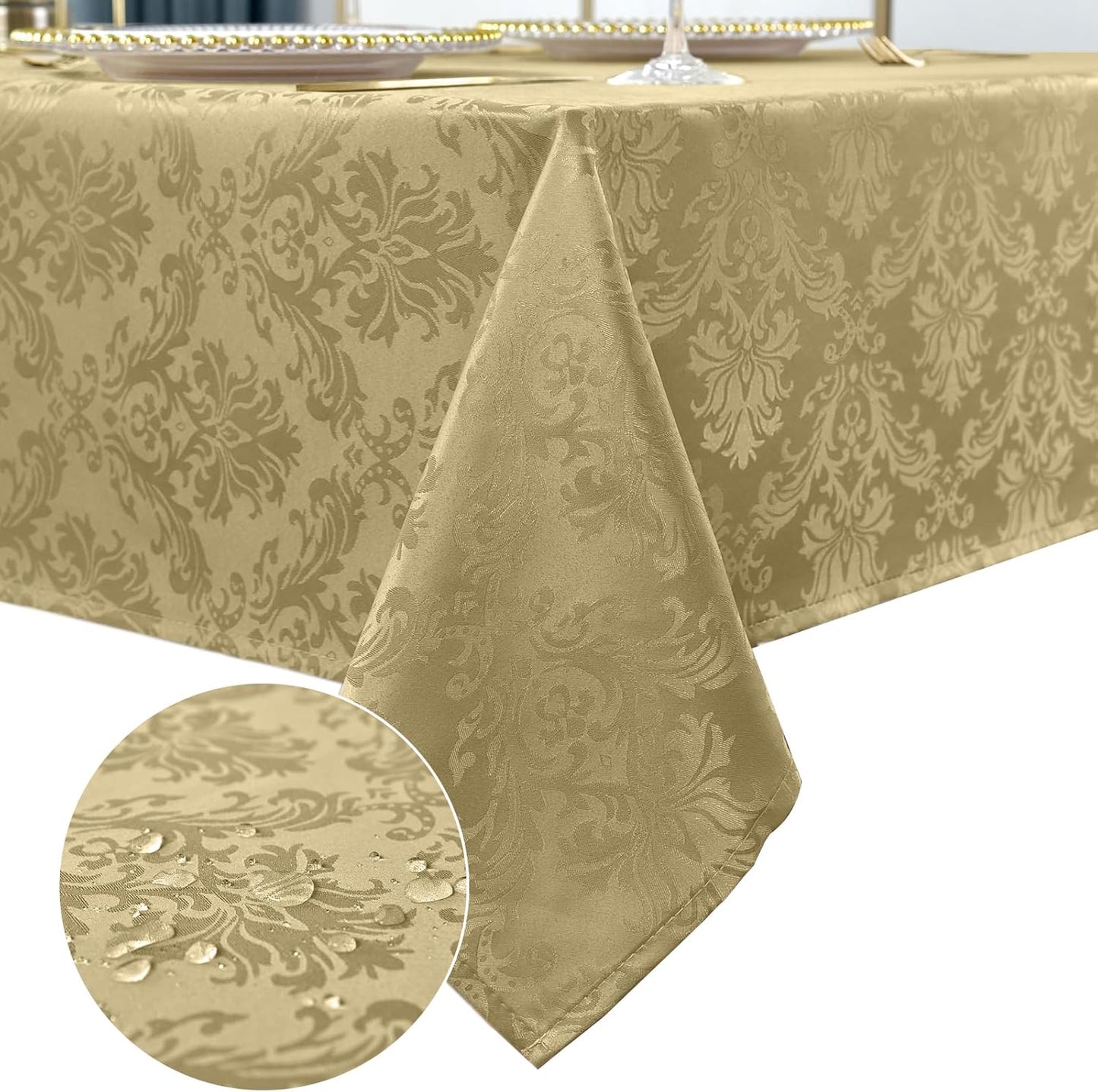 SASTYBALE Rectangle Jacquard Tablecloth - 52 x 70 Inch Spill Proof Wrinkle Resistant Damask Table Cloth, Soft Polyester Oblong Table Cover for Kitchen Parties Farmhouse, Gold