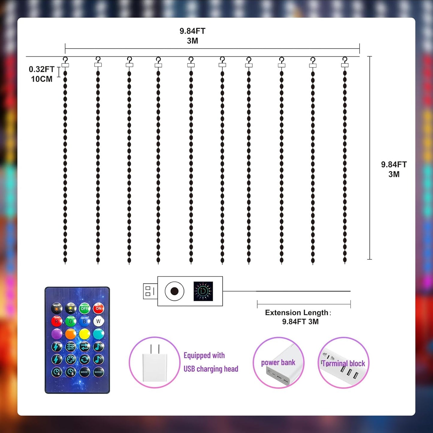 HXWEIYE 300LED Fairy Curtain Lights, 9.8x9.8Ft USB Plug-in 8 Modes Christmas String Hanging Lights with Remote for Bedroom Backdrop Wedding Party Indoor Wall Decor, RGB Custom Color Changing