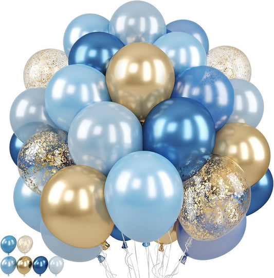 Blue and Gold Balloon, 50 Packs 12 Inch Metallic Blue Pearl Double Stuffed Blue Balloons with Gold Confetti Ballons for Birthday Party Decorations Wedding Bridal Shower Baby Shower Graduate