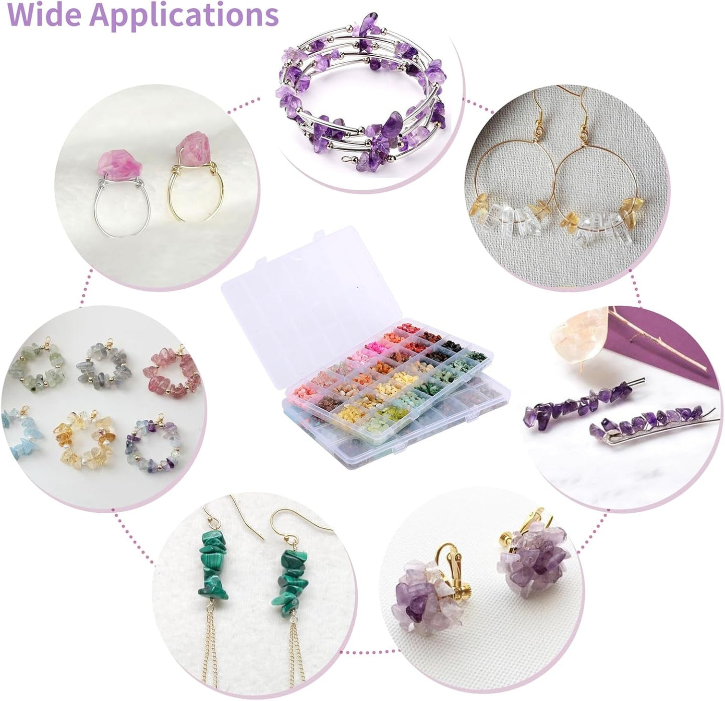 QUEFE 1800pcs 56 Colors Crystal Beads, Ring Making Kit, Gemstone Chip Beads Irregular Natural Stone with Jewelry Making Supplies for DIY Craft Bracelet Necklace Earrings, Craft Gifts