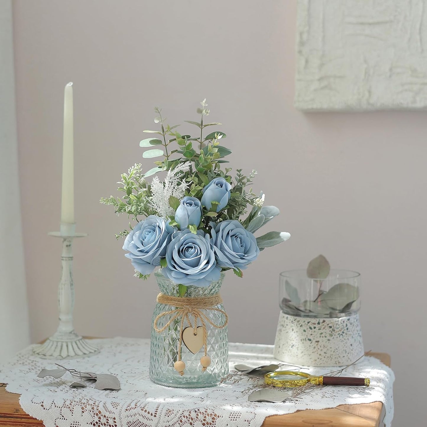 Faux Flowers with Vase,Artificial Silk Roses in Vase, Fake Plant Eucalyptus Flower Arrangement for Home Office Farmhouse Bathroom Dining Table Centerpiece Decorations Coffee Table Decor (Dusty Blue)