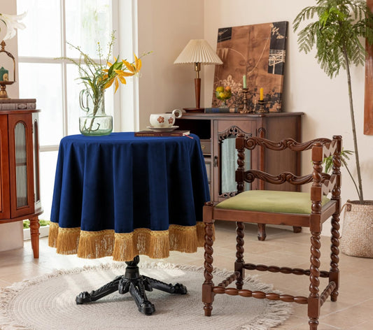 F-CHU Blue Tablecloth Thickset Velvet Tablecloth with Beautiful Gold Tassels Vintage Table Cloth for Home Decor Wedding, Party, Banquet and Events 48" Round
