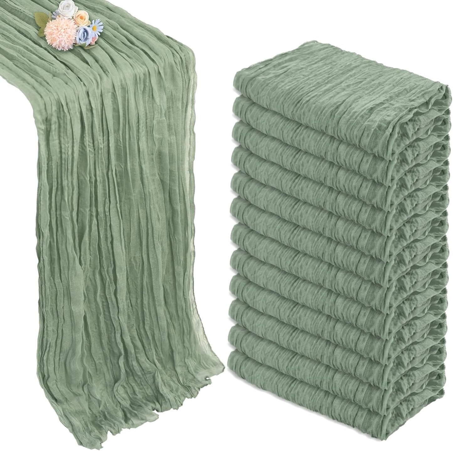 12 Pack Sage Green Cheesecloth Table Runner 10ft Boho Gauze Fabric Cheese Cloth Table Runner 35 x 120 Inch Rustic Sheer for Romantic Wedding Decor Baby Shower Party Table Centerpiece Decoration