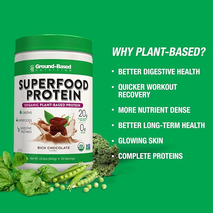 Ground-Based Nutrition Plant-Based Protein Superfood Powder - Vanilla Flavor - Vegan, Keto, Paleo Friendly - High Protein, Low Calorie, Gluten-Free - 20 Servings Creamy Vanilla