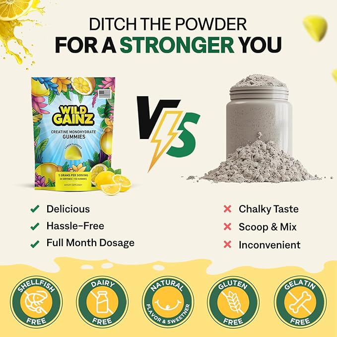 Creatine Monohydrate Gummies for Men & Women 5000mg - Made in USA, Potency Tested, Vegan, Supports Muscle Growth, Strength & Cognitive Function, Non-GMO Gluten-Free Lemon Flavored Creatine 150 Chews
