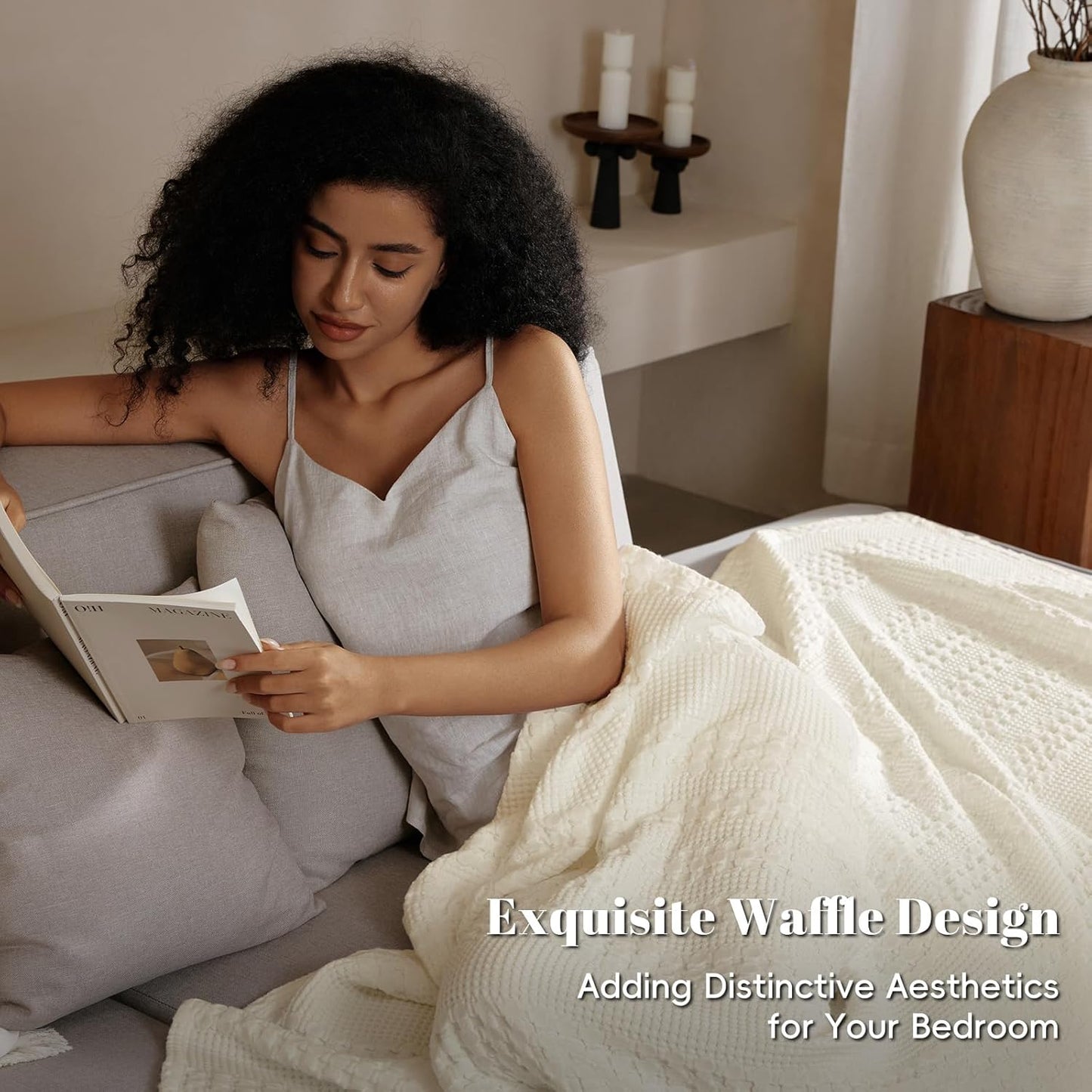 PHF 100% Cotton Waffle Weave Blanket Twin Size for Bed, Soft Lightweight & Breathable, All-Season Comfort, Luxury Aesthetic Woven Bedding for Home Decor, 66"x90", Cannoli Cream