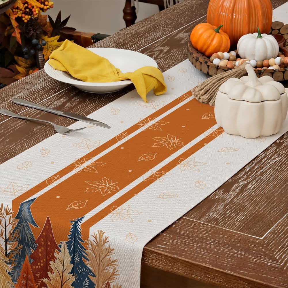GEEORY Fall Watercolor Trees & Maple Leaves Striped Table Runner 13x108 Inch, Rustic Farmhouse Autumn Thanksgiving Decor for Kitchen, Dining, Indoor/Outdoor Holiday Dinner Party Orange GT157-108