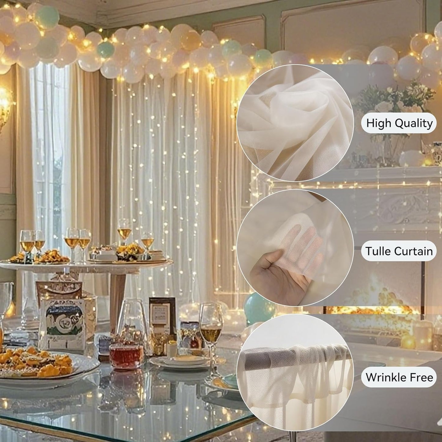 Ledido 10×10ft Tulle Backdrop Curtains with Lights String - 300LED Fairy Lights Sheer Curtain Backdrop for Weddings Baby Shower and Birthday Party Decorations(8 Panels 5×10ft)