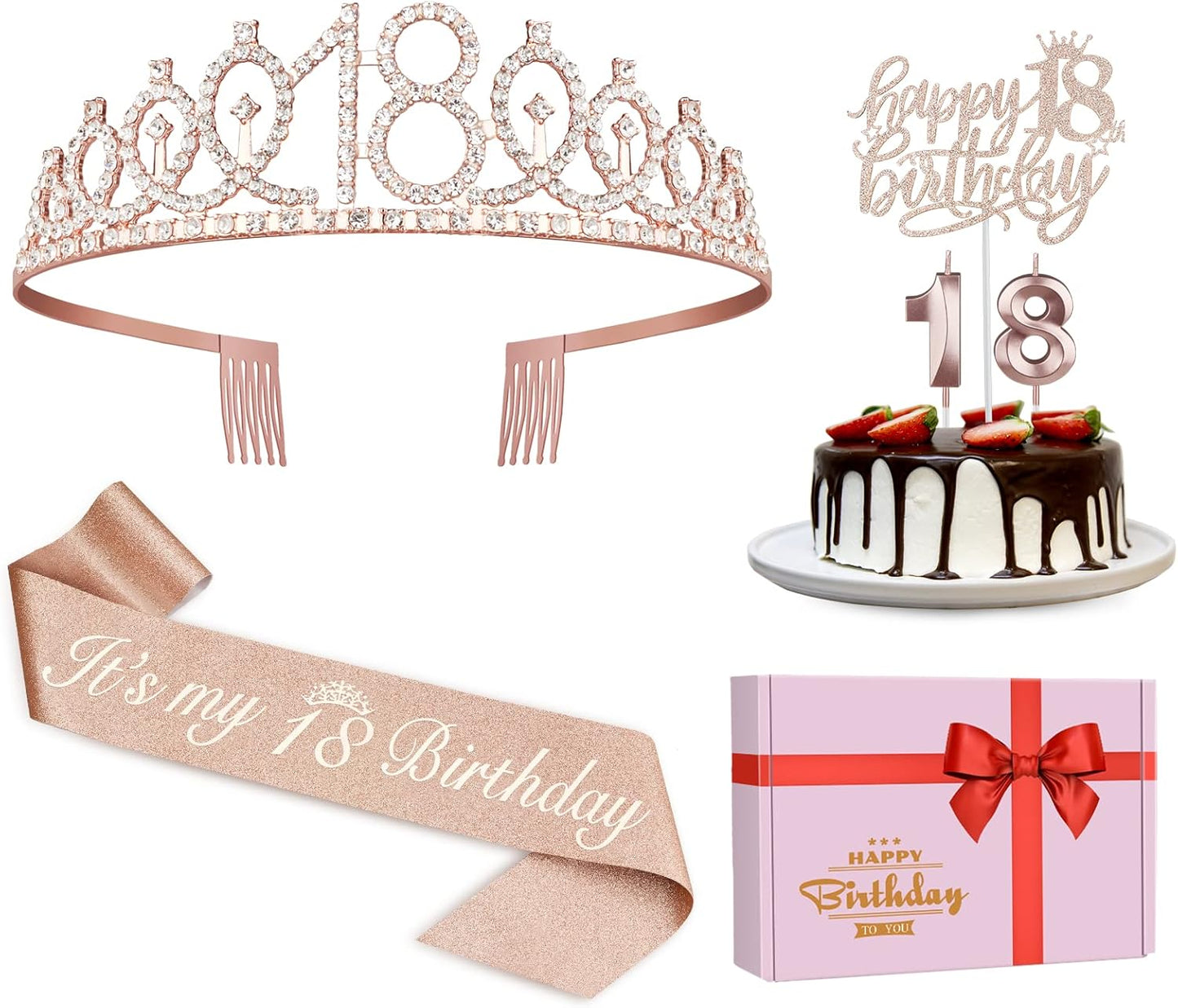 18th Birthday Decorations for Girls, Including Sash, Crown/Tiara, Candles, Cake Topper, 18th Birthday Gifts for Girls, Rose Gold Party Decor Supplies