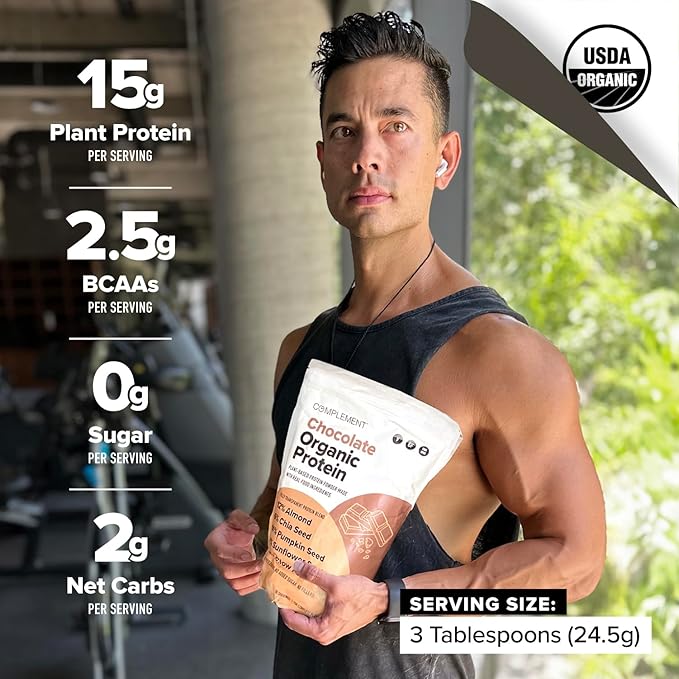 Complement Organic Chocolate Vegan Protein Powder (30 Servings) Low Carb, Low Calorie, Sugar Free, Soy Free, Non-GMO, Non Dairy - Yellow Pea, Pumpkin Seed - 15g Plant Based Protein Powder
