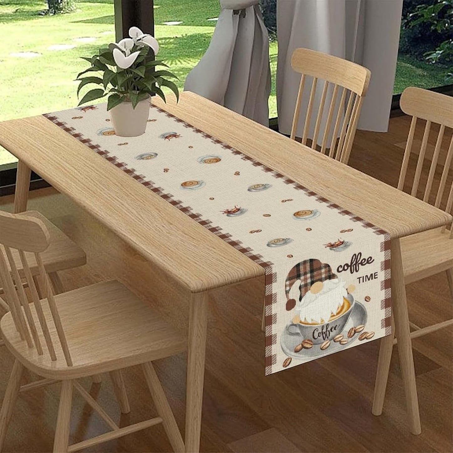 Coffee Time Table Runner, Farmhouse Retro Gnome Coffee Cup Tea Party Cafe Table Center Decor for Home Kitchen Dining Patio Holiday Party Indoor Outdoor Table Decorations,13"x90" Inch