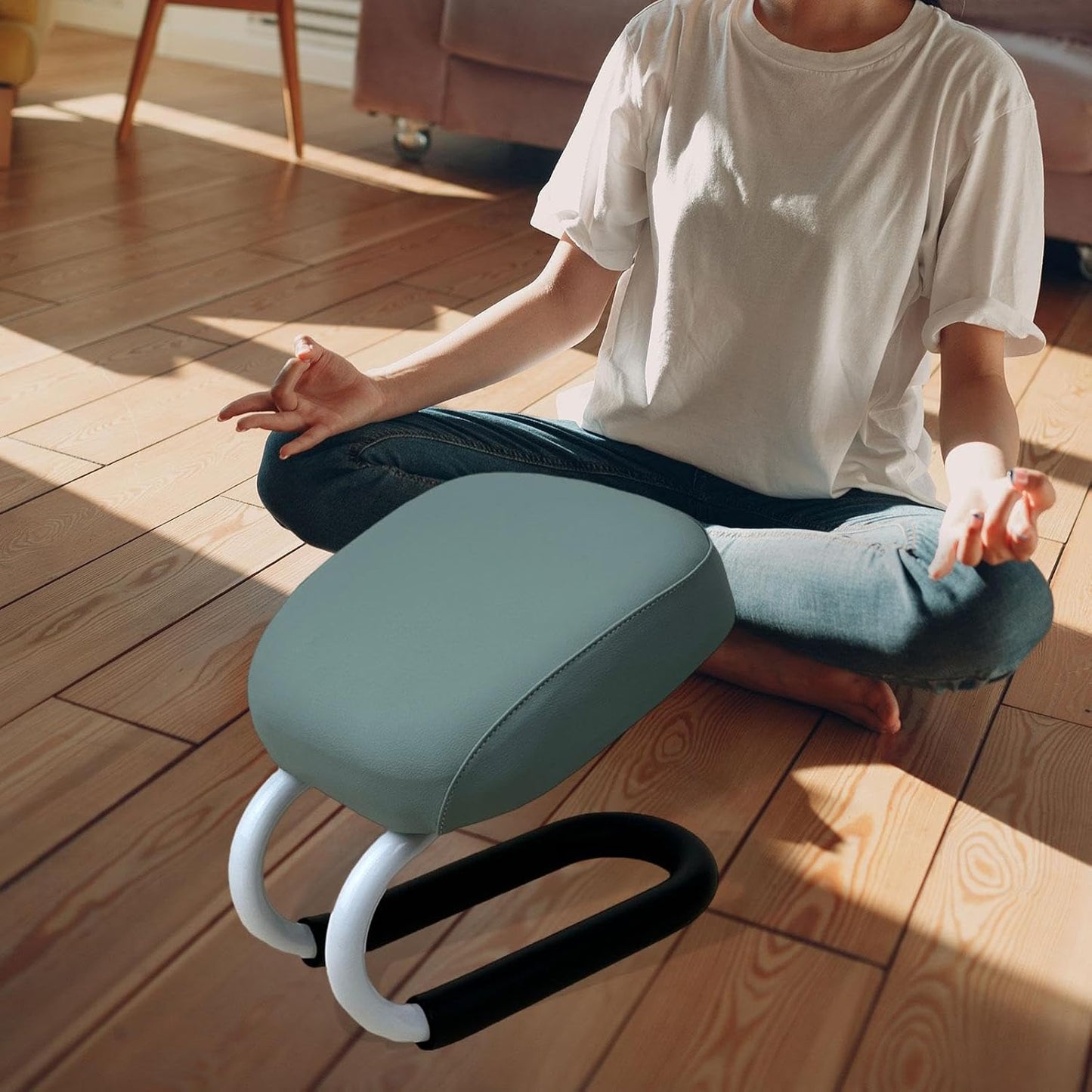 1 Kneeling Meditation Bench, Ergonomic Meditation Stool with Anti-Slip Pad, Metal Frame & PU Leather Sponge pad, Portable for Stretching Exercise, Mindfulness, Adults, Light Turquoise
