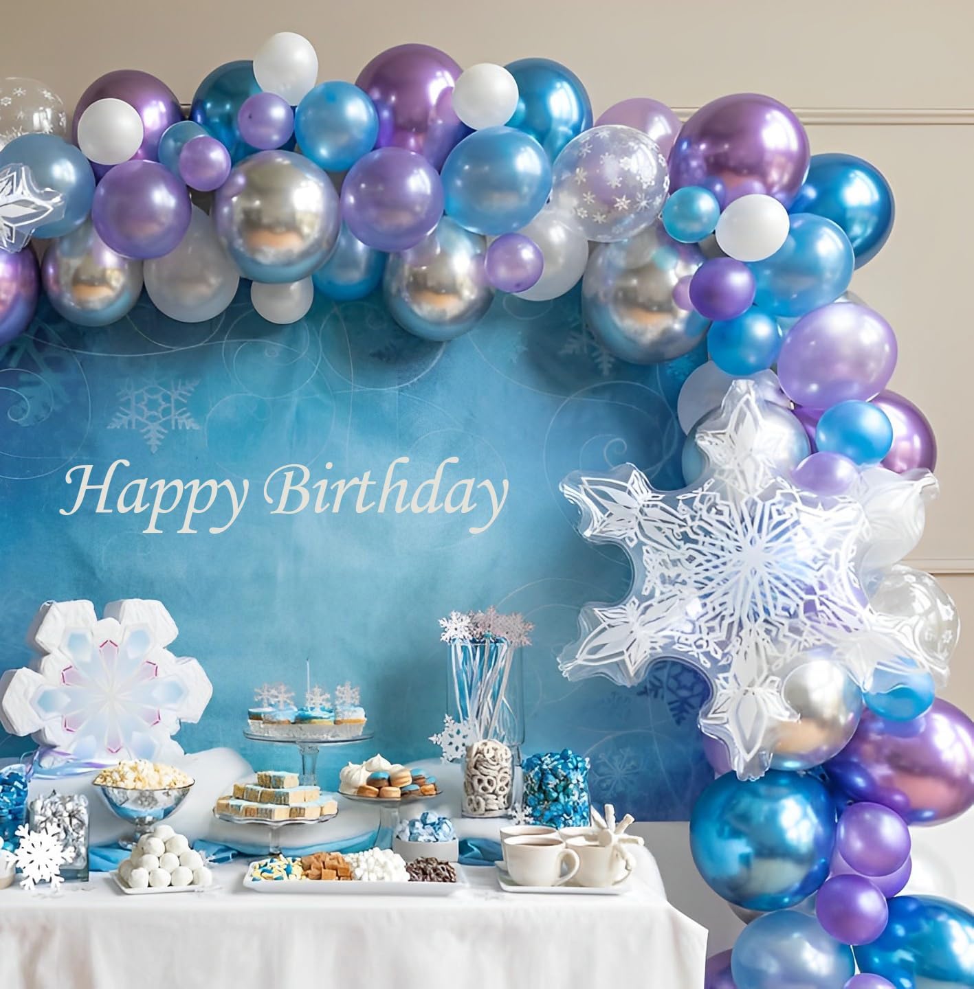 Purple and Blue Party Balloons Kit, 50pcs Blue Silver Purple Balloons 12 Inch Snow Balloons for Theme Party Supplies Ice Snow Theme Winter Party Decorations