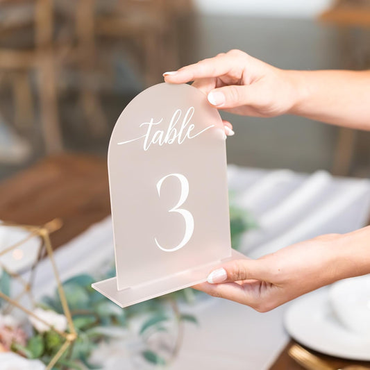 Frosted Arch Acrylic Table Numbers for Wedding Reception - 5" x 7" White Font Centerpiece Set with Holder Stands & Head Table Sign - Anniversary, Event, Party, Wedding set1-10
