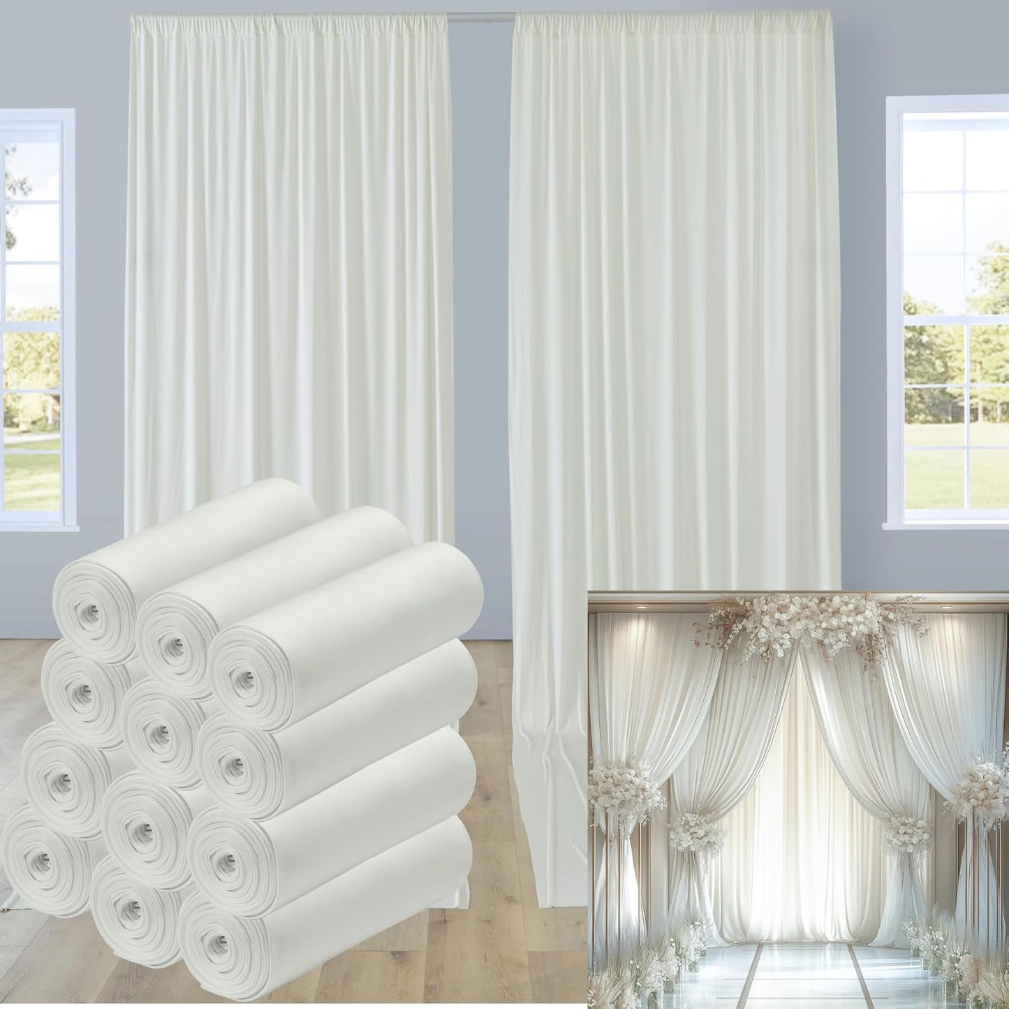 60ftx12ft Wrinkle Free Ivory Backdrop Curtain, 12 Panels 12FT Height Ivory Wedding Backdrop Drapes, Silky Polyester Back Drop Cloth for Birthday Photography Background Party Backdrop Draping