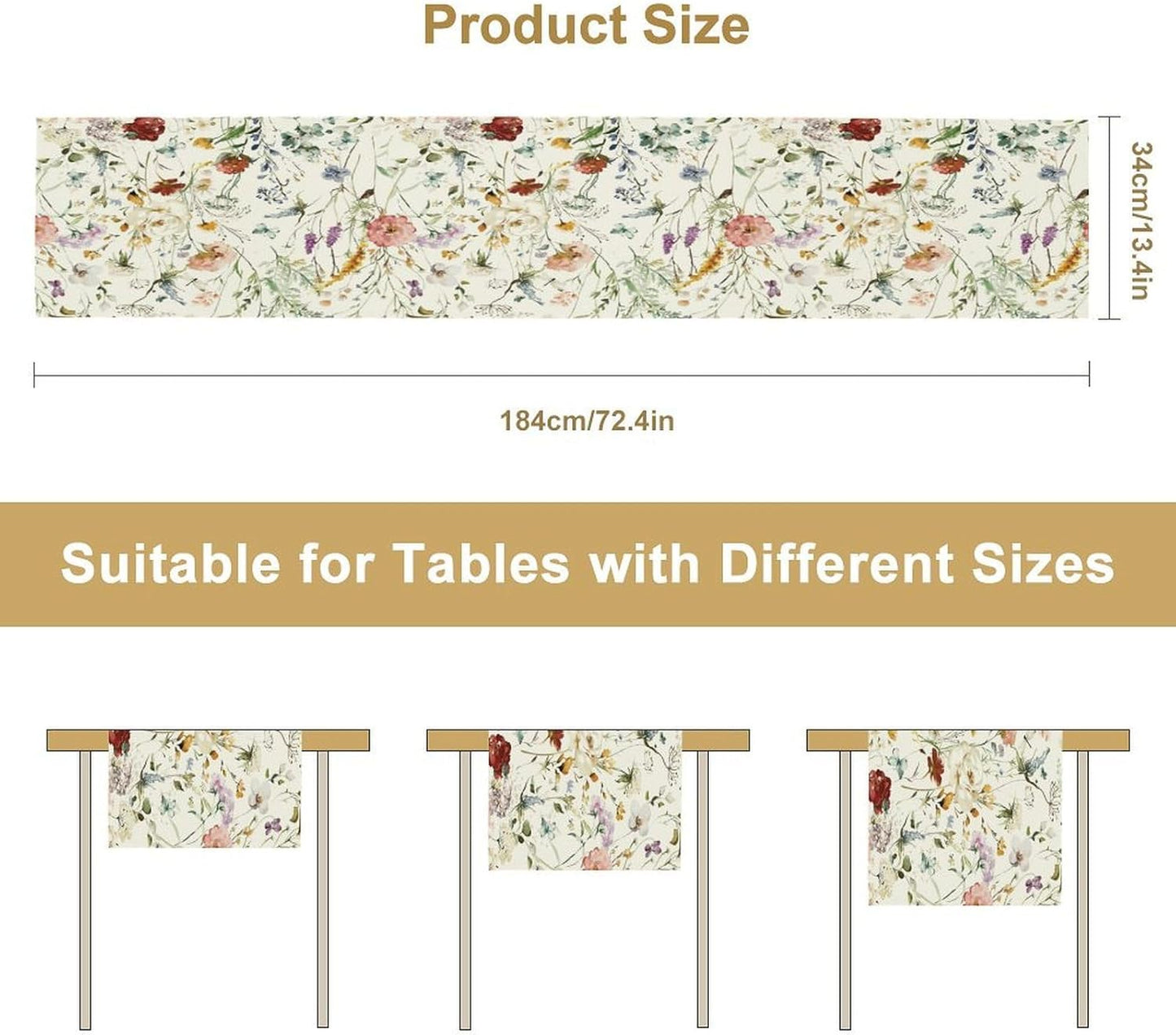 Floral Butterfly Table Runner,Rustic Colorful Flower Botanical Watercolor Pattern Print Burlap for Hotel Indoors Outdoor Dining Room Kitchen Holiday Party, 13x90in