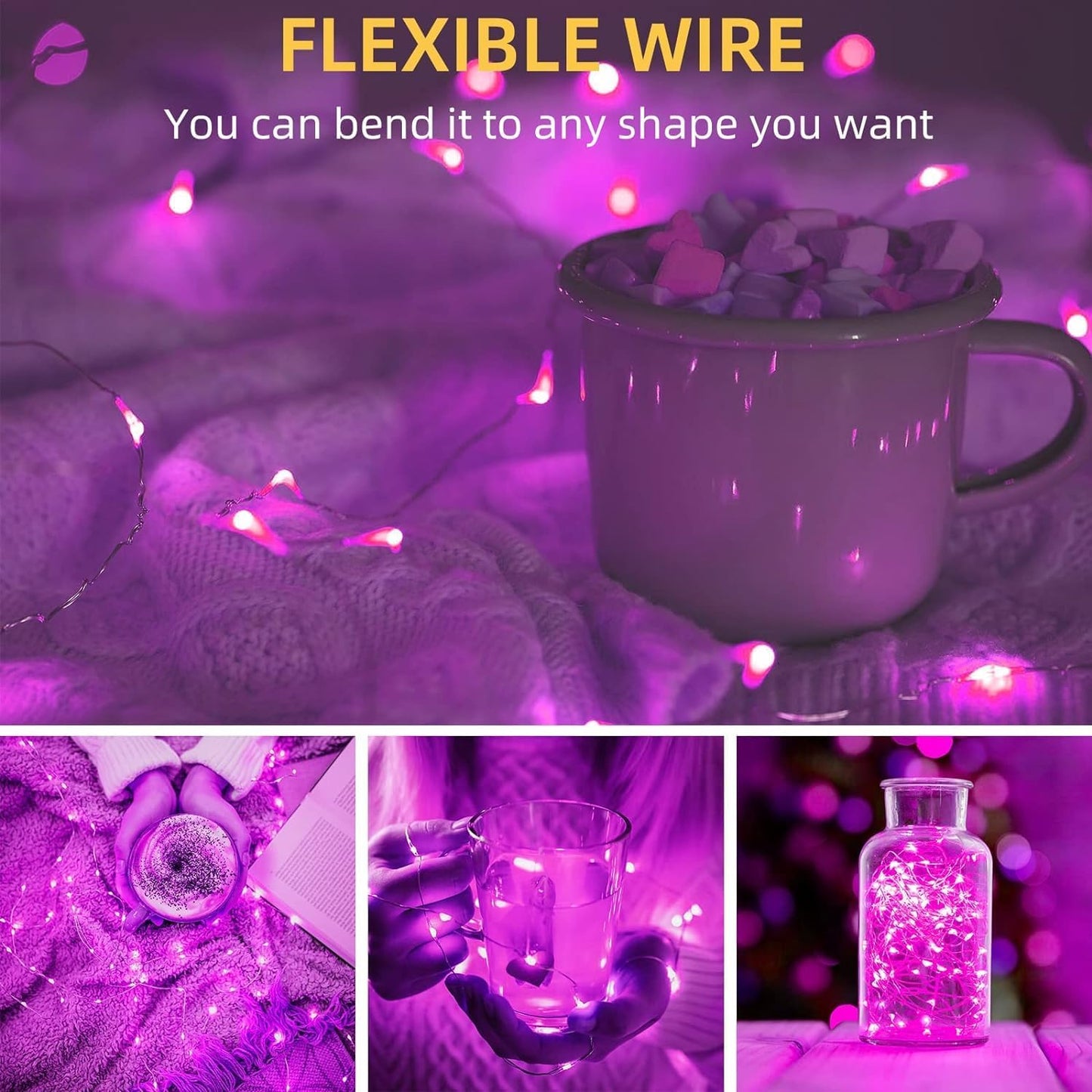 LAMPHOME 6 Pack Fairy Lights Battery Operated String Lights 6.6ft 20 Led Mason Jar Lights Waterproof Silver Wire Light Fireflies DIY Party Wedding Christmas Decoration(6 Pack,Pink)