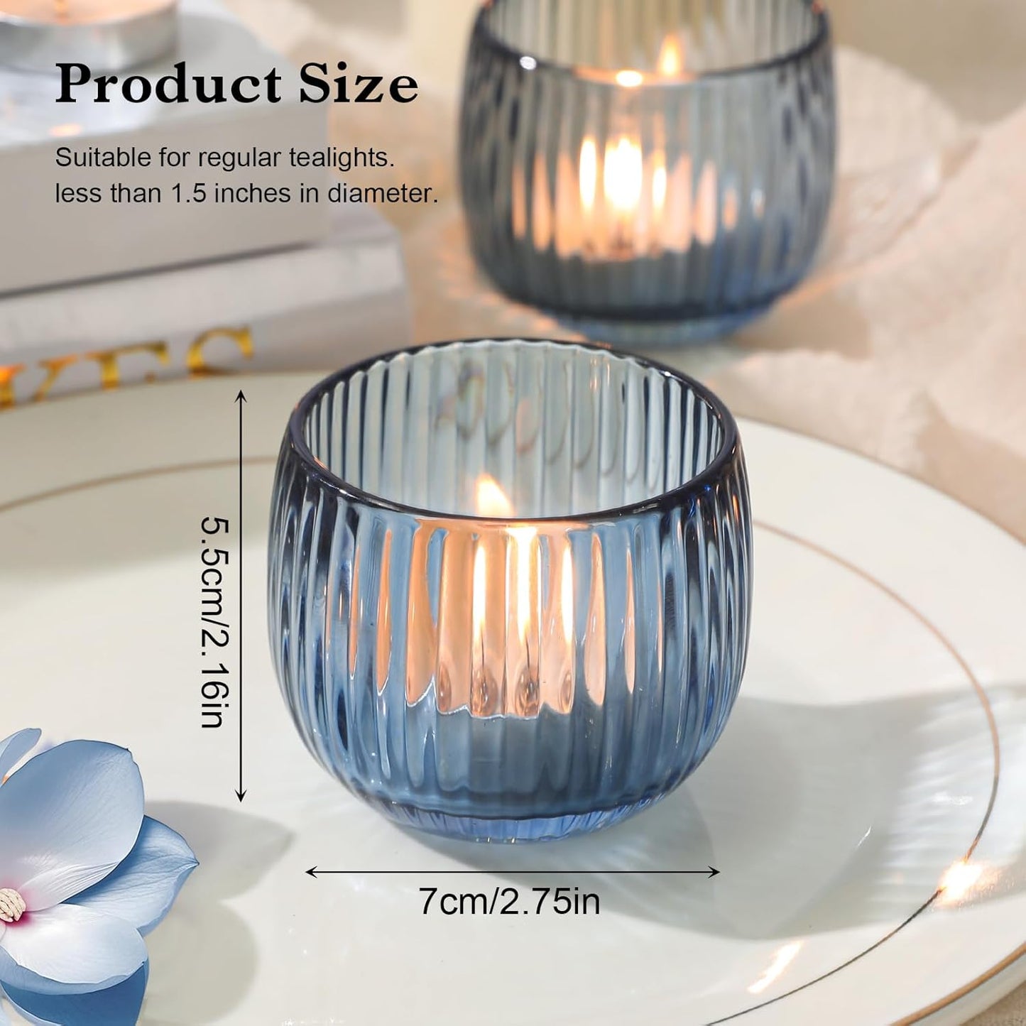 Set of 6 Ribbed Glass Votive Candle Holders, Blue Glass Tealight Holders for Taper Candles - Elegant Table Centerpieces for Weddings, Christmas, Parties, and Home Decor