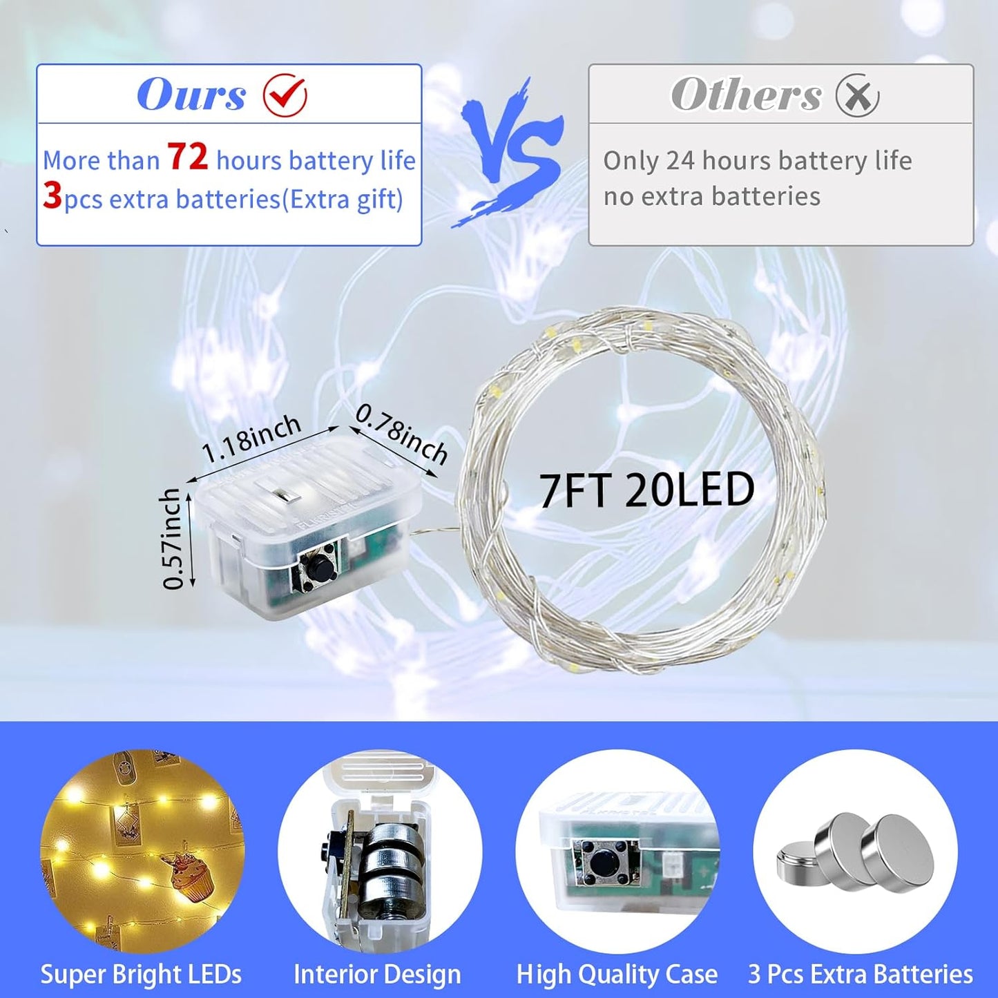 12 Pack Blue Fairy Lights 7Ft 20 LED Twinkle String Lights 3 Modes Battery Operated Waterproof Firefly Starry for Mason Jar Party Wedding Christmas Valentines Day Table Centerpieces