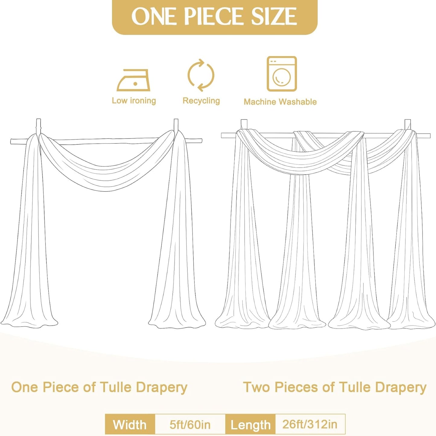 Champagne Arch Draping Fabric for Wedding, 2 Panels 60" x 26Ft Chiffon Drapery Fabric Drapes Backdrop for Wedding Ceremony Baby Shower Bridal Shower Decoration