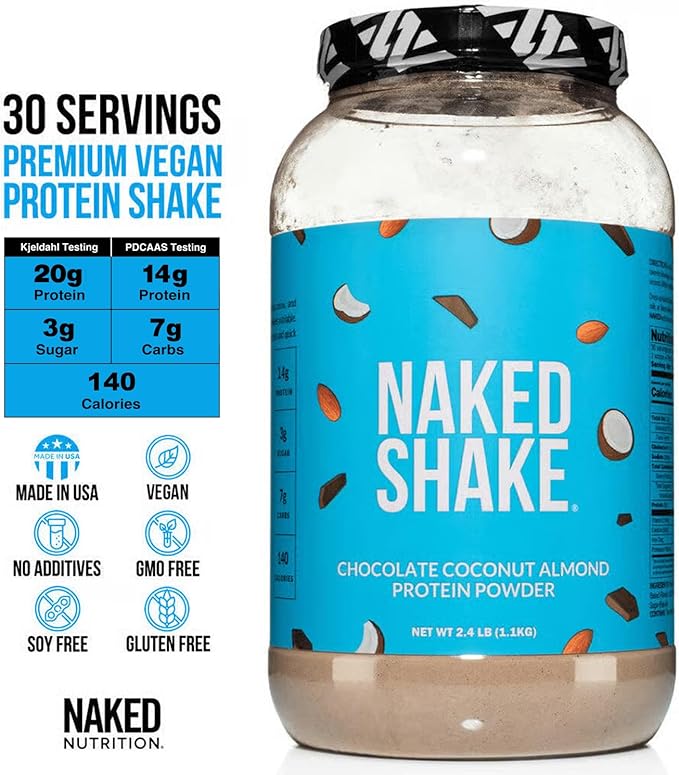 NAKED Shake - Chocolate Coconut Almond Protein Powder - Flavored Plant Based Protein from US & Canadian Farms with MCT Oil, Gluten-Free, Soy-Free, No GMOs or Artificial Sweeteners - 30 Servings
