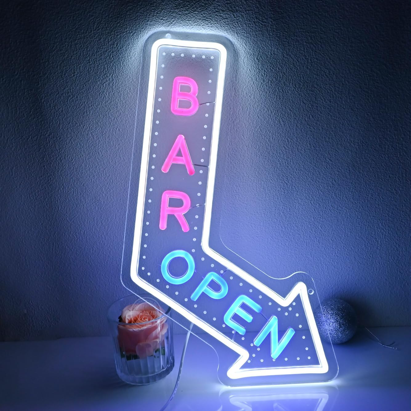Planzo Bar Open Neon Signs for Business LED Light Up Open Beer Sign Wall Decor for Home Pub Cafe Man Cave Club Cocktails Coffee Bistro Hotel Party Window Indoor USB Powered Dimmable White Pink Blue