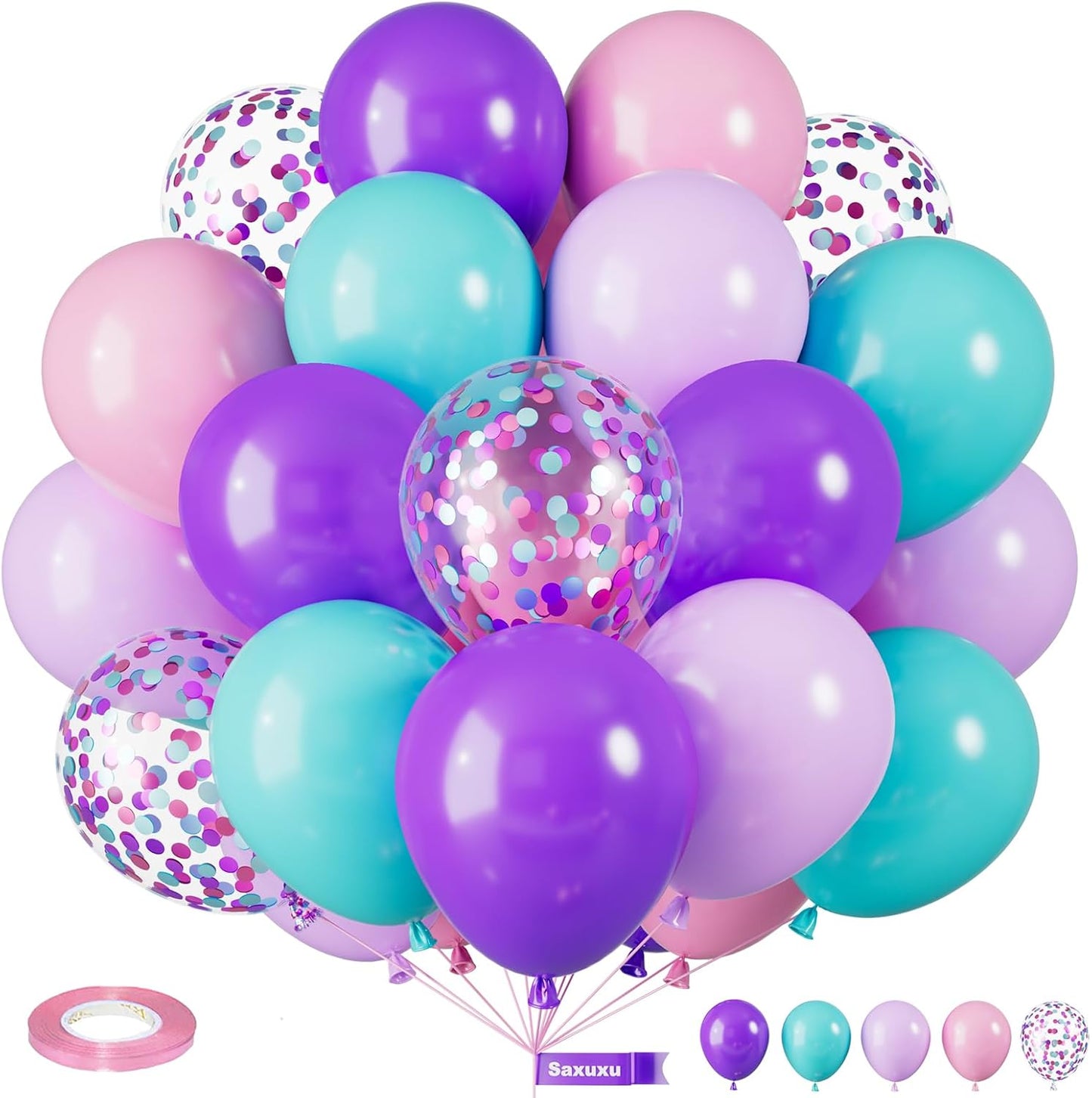 Mermaid Balloons, 12 Inch Blue Pink and Purple Balloons, Pastel Pink Latex Helium Balloons Teal Blue Purple Confetti Balloons for Girls Birthday Baby Shower Mermaid Princess Theme Decorations
