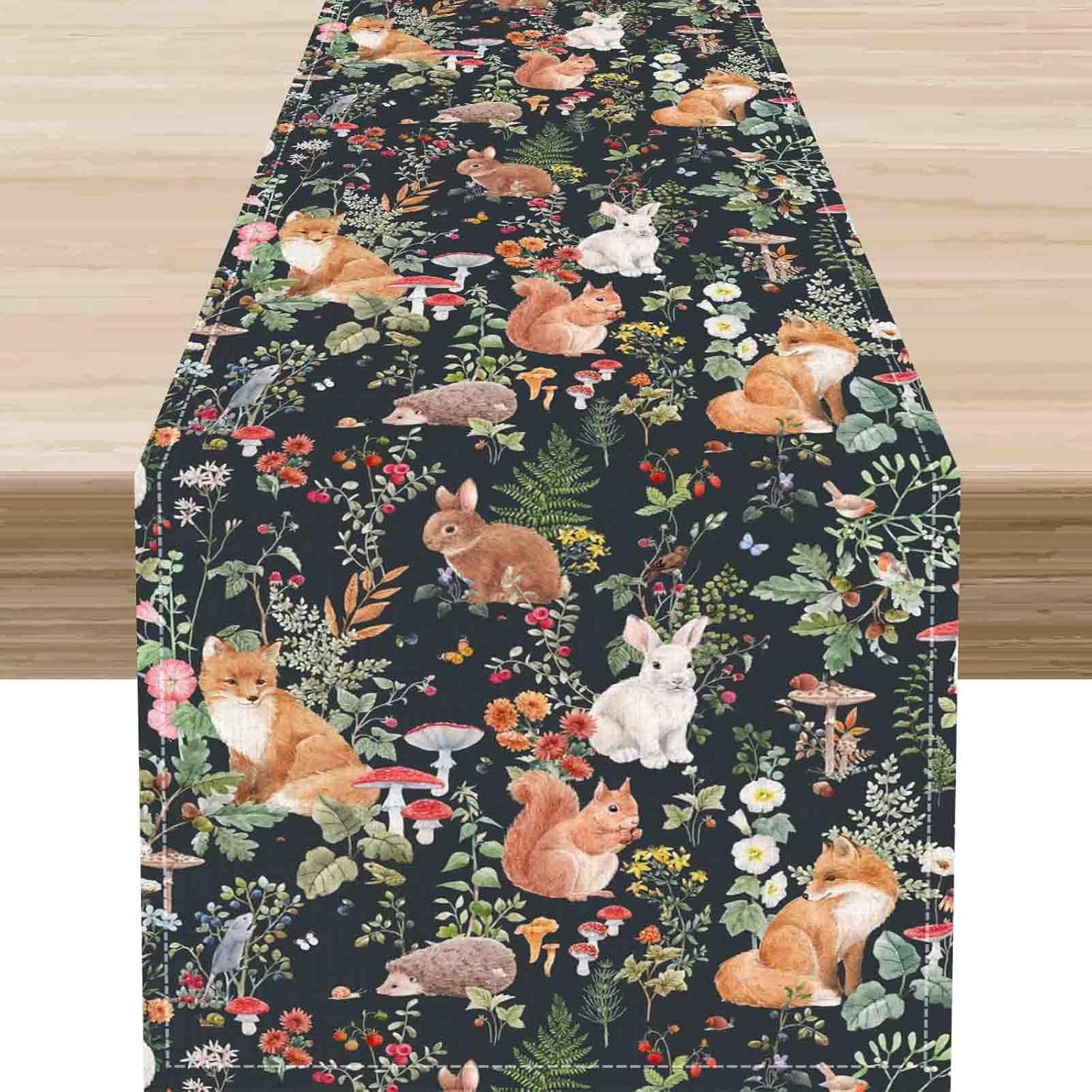 Rustic Woodland Table Runner, Farmhouse Forest Animals Mushroom Country Lodge Wild Fox Rabbits Table Center Decor for Home Kitchen Dining Patio Holiday Party Indoor Table Decorations, 13"x36" Inch