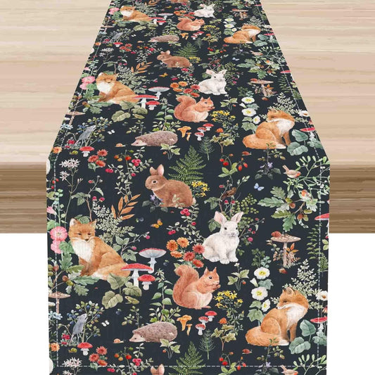 Rustic Woodland Table Runner, Farmhouse Forest Animals Mushroom Country Lodge Wild Fox Rabbits Table Center Decor for Home Kitchen Dining Patio Holiday Party Indoor Table Decorations, 13"x36" Inch