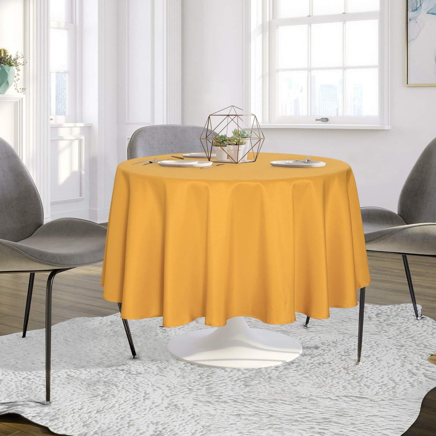 sancua Round Tablecloth - 90 Inch - Water Resistant Spill Proof Washable Polyester Table Cloth Decorative Fabric Table Cover for Dining Tables, Buffet Parties and Camping, Gold