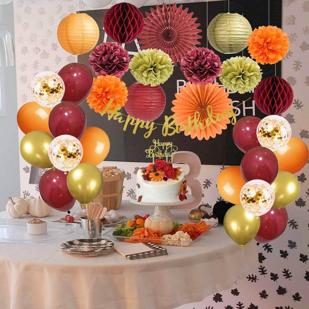 Fall Birthday Decorations Burgundy and Orange Party Decorations Pom Poms Flowers Paper Lanterns Fans Autumn Burgundy Birthday Decorations with Happy Birthday Banner Cake Topper Gold for Women Girls