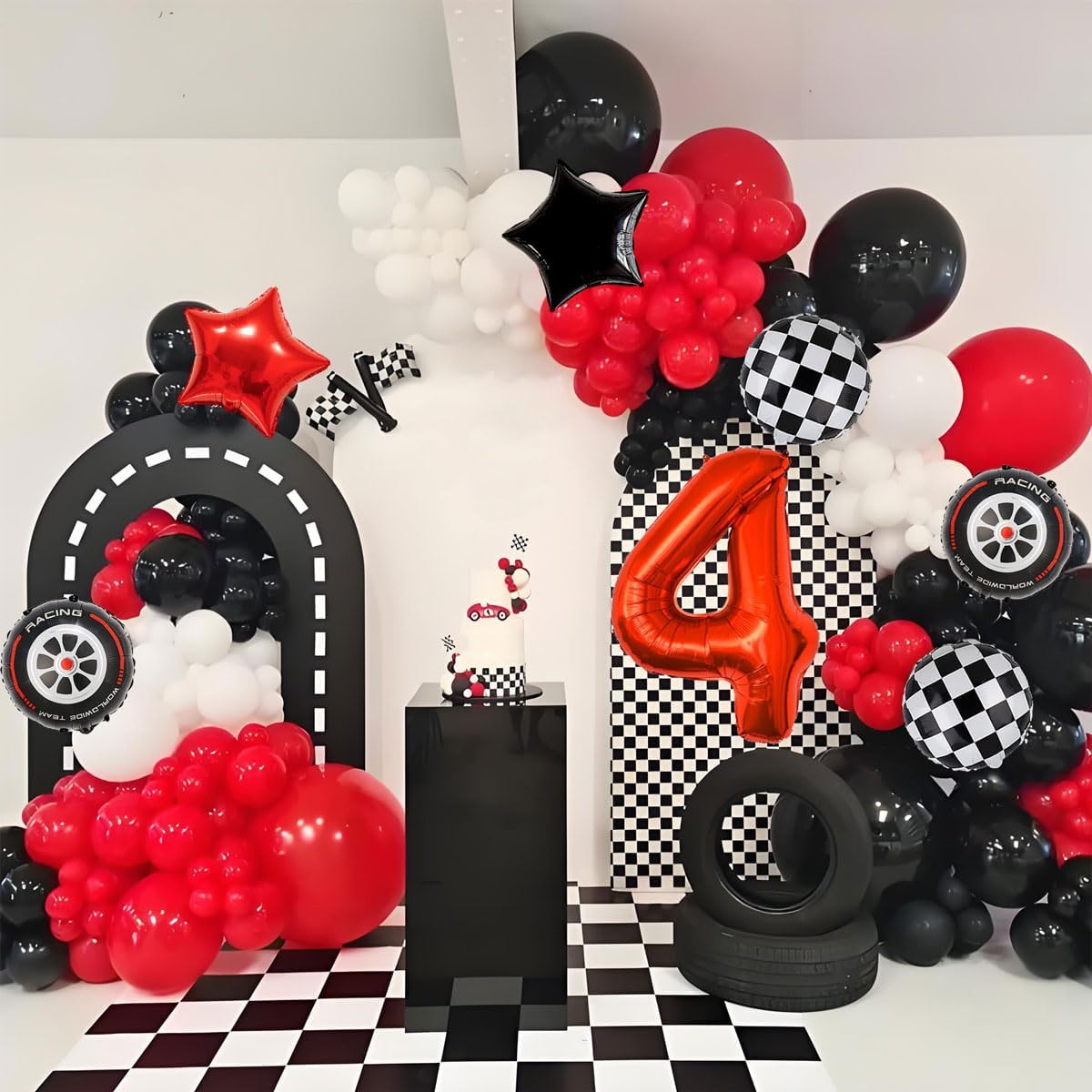 Race Car Birthday Decorations - 40 Inch Mylar Red Number 4 Balloons - Black Foil Checkered Race Car Balloons for 4st Birthday Race Cars Themed Party Decorations Supplies