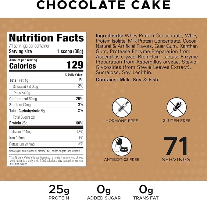 High Whey, Protein Powder 6LB, Whey Isolate, Gluten Free, Lean Muscle Mass for Men & Women, 25g of Protein Per Scoop, 2.7kg, 73 Servings (Chocolate Cake, 6 Pound)