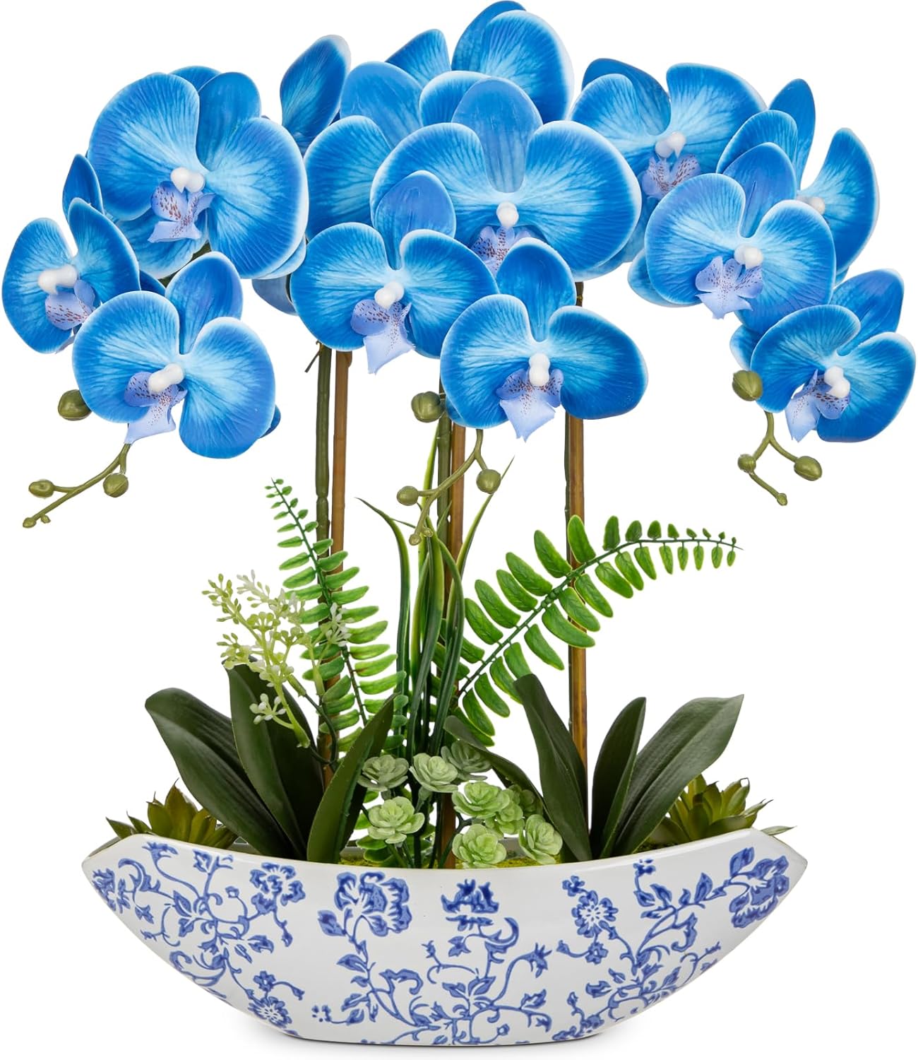 Briful Blue Orchid Artificial Flowers 18in Fake Orchid Silk Flowers with Blue and White Ceramic Pot Faux Orchid Arrangement for Home Office Room Dining Table Centerpiece Modern Decor