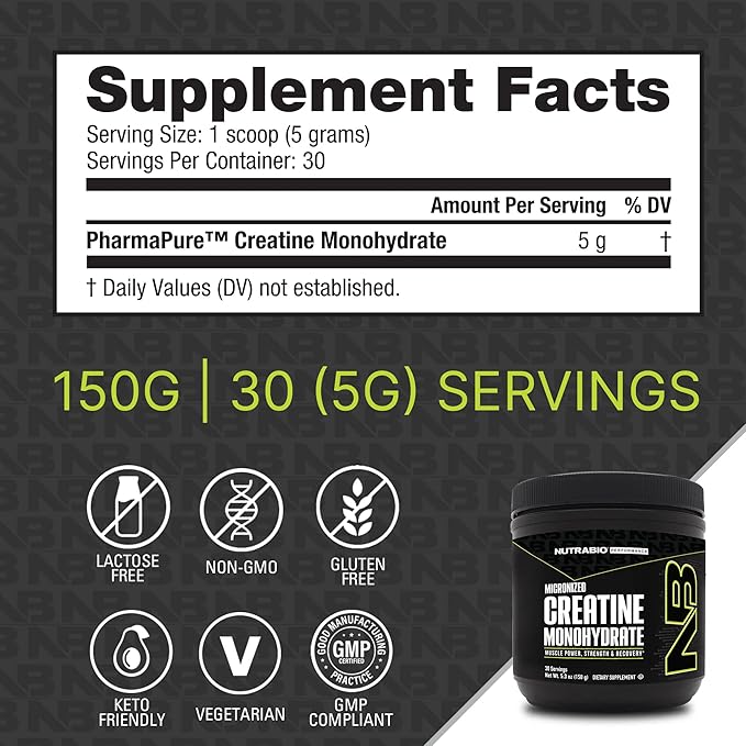 NutraBio Pure Micronized Creatine Monohydrate Powder Supplement, Unflavored, (150 g) - Supports Bulk Muscle Energy, Recovery, and Strength - HPLC Tested Creatine Powder Supplement for Men and Women