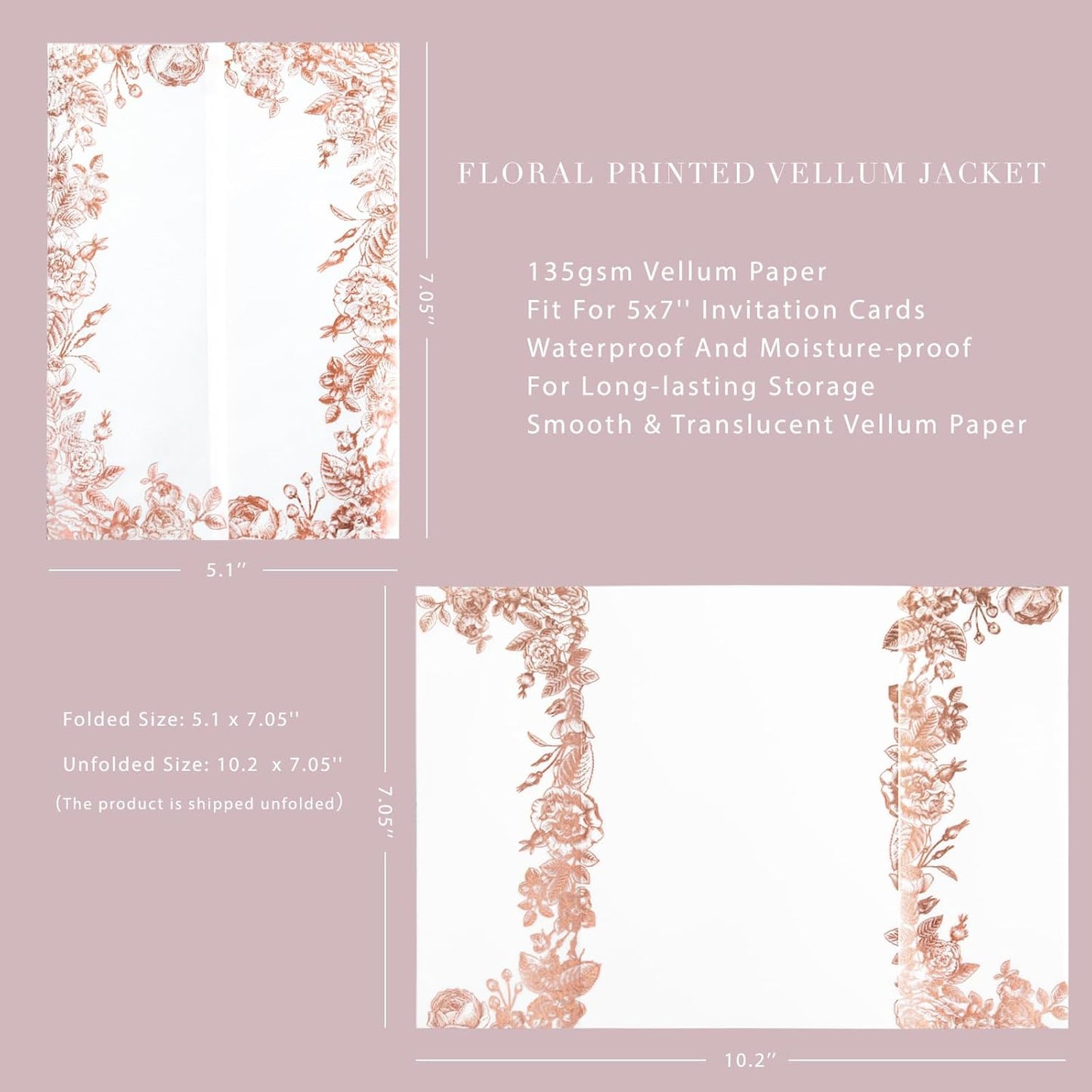 PONATIA 50 PCS Vellum Jackets for 5x7 Wedding Invitation Cards- 135gsm Floral Printed Vellum Sleeves, Invitation Cards Wraps (Rose Gold Foil)