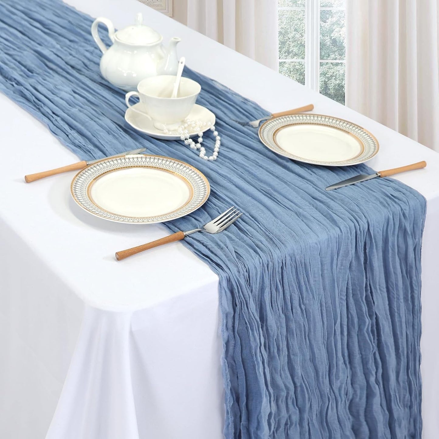12 Pack Dusty Blue Table Runner 10ft Boho Gauze Fabric Cheesecloth Table Runner 35 x 120 Inch Rustic Sheer Runner for Wedding Decor Baby Shower Party Table Centerpiece Decorations