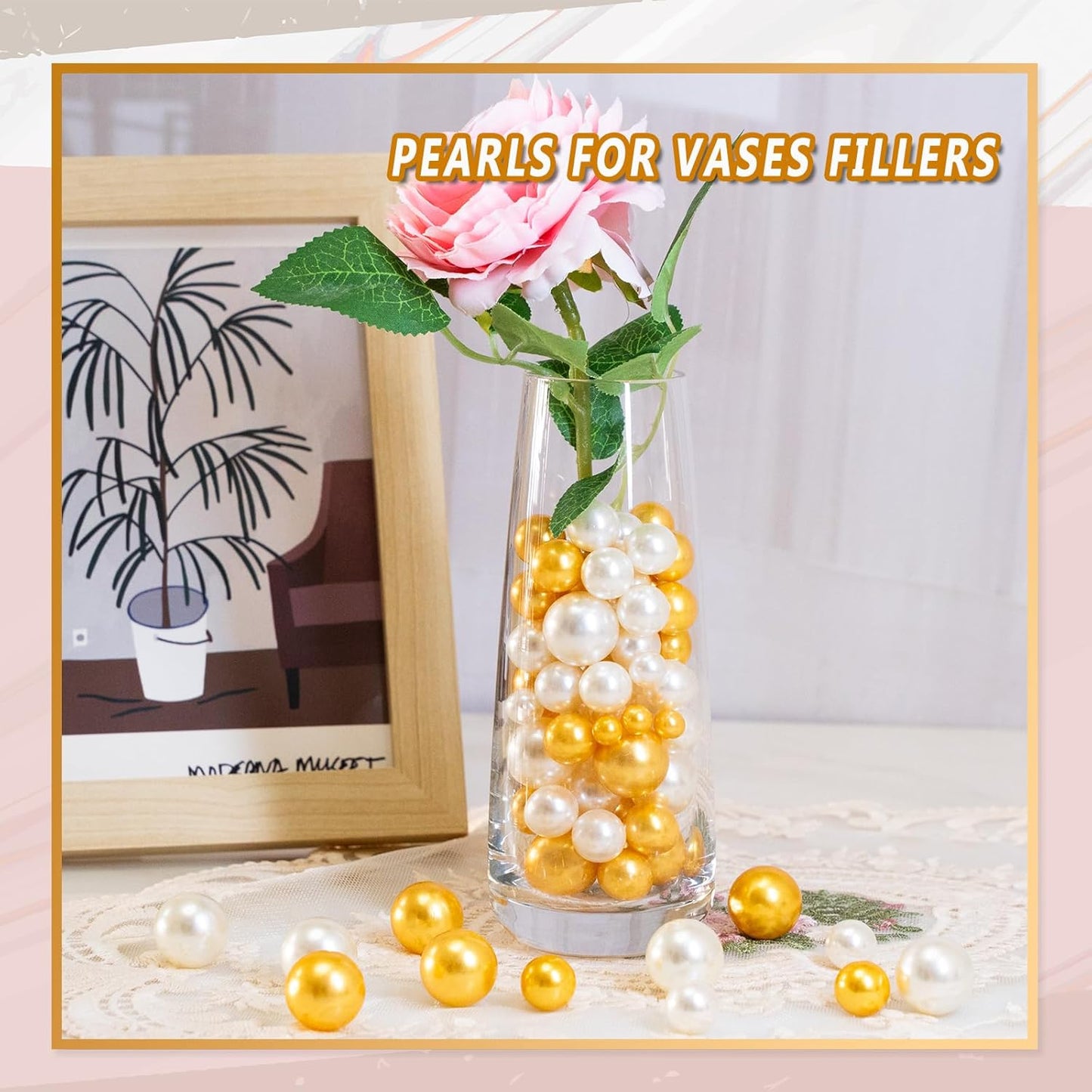 300Pcs Vase Filler Ivory and Golden Yellow No Hole Faux Pearl Beads for Vase Filling Decorations, Candle Centerpieces, Wedding Centerpieces, Home Party Decor (8/14/20mm)