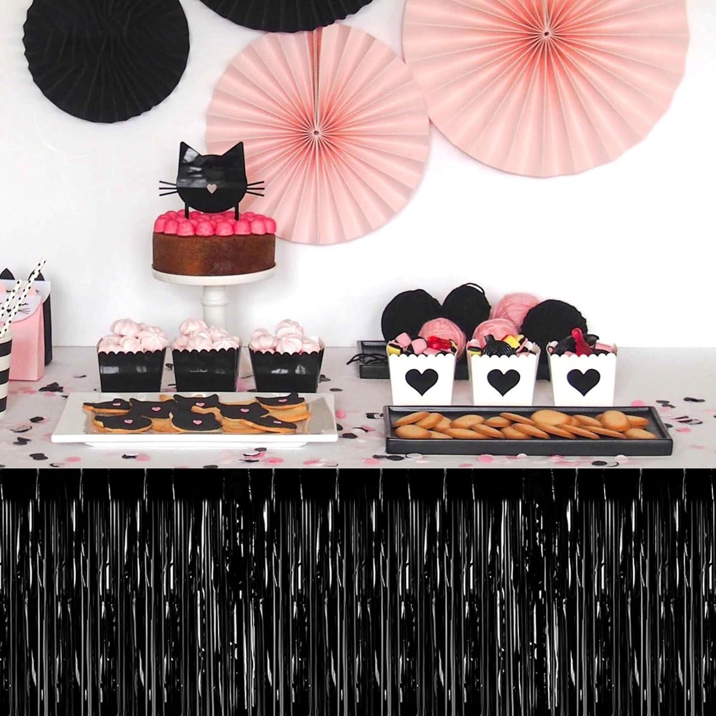 3 Pack 29 x108 Inch Black Foil Fringe Table Skirts Metallic Banner for Tinsel Streamer Garland Backdrop for Parade Floats Wedding Thanksgiving Birthday Christmas Halloween New Year Party Decoration