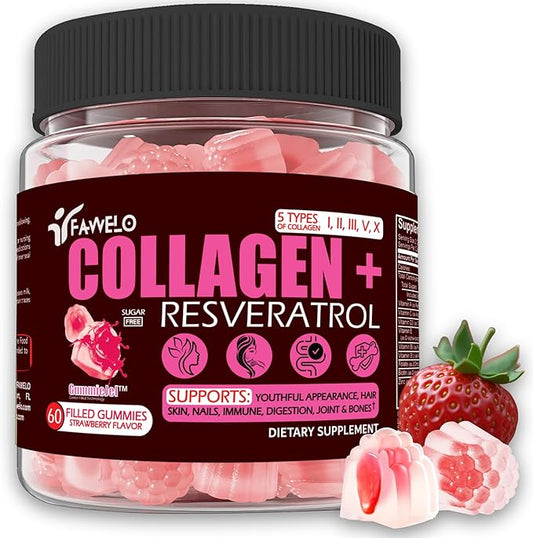 Multi Collagen Gummies Peptides Hydrolyzed Type I, II, III, V, X Plus Resveratrol Hyaluronic Acid & Biotin Gummies for Hair Skin and Nails Vitamins | Colageno Hidrolizado for Women & Men | Sugar Free
