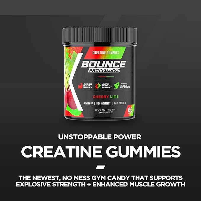 Bounce Pro Creatine Monohydrate Gummies for Men & Women, Low Calorie, 6G of Creatine per Serving, Vegan, Anti-Melting, Gluten-Free, Non-GMO, 2g of Creatine per Gummy (30ct, Cherry Lime)